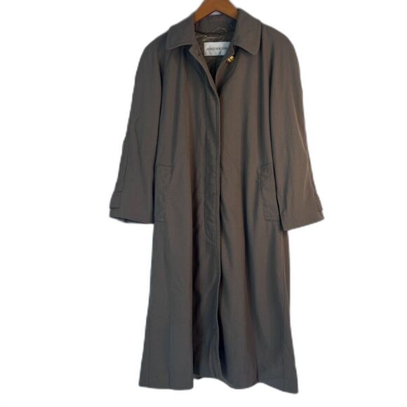 Jones New York Tan Brown 100% Pure Wool Trench Coat Button Front Petite Large - Picture 1 of 15